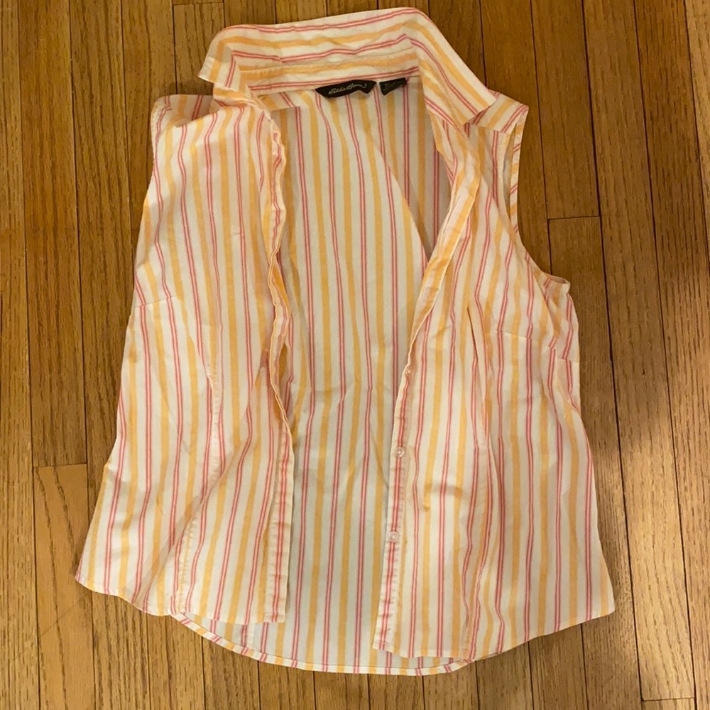 Colorful button down no sleeve shirt size M